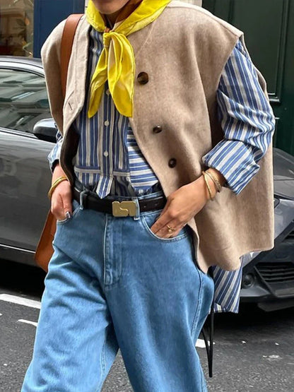 Solid Single Breasted Vest Women Fashion Thick Sleeveless O Neck Pockets Female Waistcoat 2024 Autumn All Match Lady Streetwear