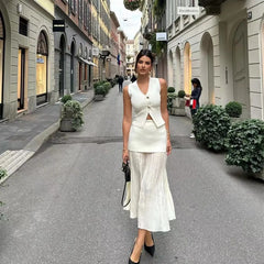 V-neck Knitted Button Sets Solid Sleeveless Vest Patchwork Pleat Gauze Skirt Suit Women 2024 New 2 Pieces Chic Outfit Streetwear