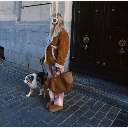 Fashion Lamb Woolen Spliced Warm Coat For Women Vintage Side Buttons Lapel Full Sleeve Jackets Lady Autumn Winter Thick Outwear