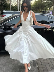 Fashion Casual Woman Halter Neck White Long Dress Streetwear 2024 Female Clothing Backless Bandage Tunics Holiday Party Dresses