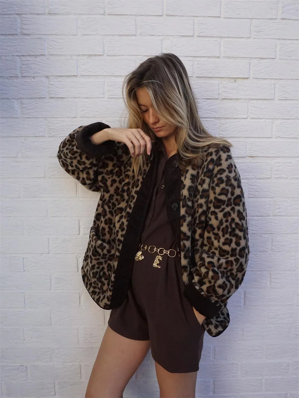 Women Fashion Jacket Winter Casual Ladies Commuter Leopard-print Lamb Wool Solid Jacket For Women's Outwears