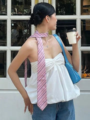 Backless Ruffled Patchwork Top Women's Summer Tube Top Y2k Fashion Sleeveless Solid Color Smocked Cropped Top Vest T-Shirt