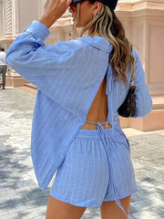 Summer Casual Striped 2 Piece Set 2024 New Long Sleeve Back Lace-up Shirt+Elastic Waist Shorts Sets Elegant Fashion Women's Suit