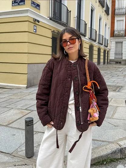 Casual Quilted Padded Jackets Women's Faionable Loose Round Neck Long Sleeve Zipper Cropped Length Outerwear Winter New