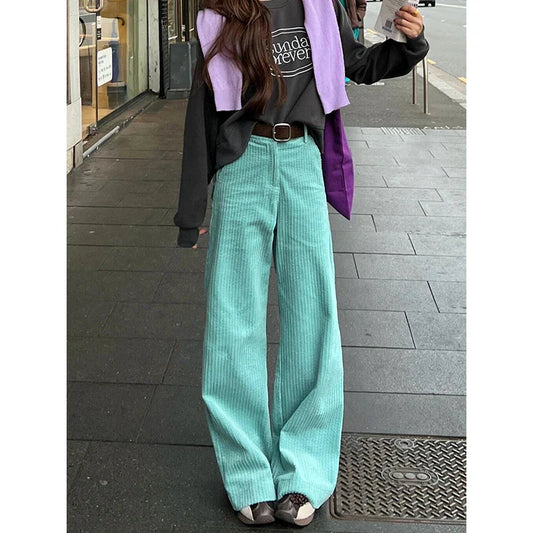 Women Striped Corduroy Wide Pants Plain High Rise Straight Loose Casual Draped Long Trousers Korean Vintage Autumn Clothes