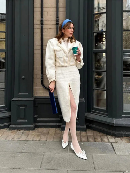 Elegant Tweed Lapel Jacket Shorts Set Women Retro Loose Short Coat Slit Slim Long Skirts Sets Lady New Chic Street Office Outfit