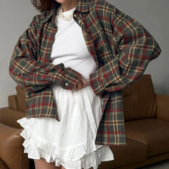 Classic Vintage Plaid Shirts For Women Spring Autumn Single Breasted Long Sleeve Blouse Outerwear Casual Fashion Loose Blouses