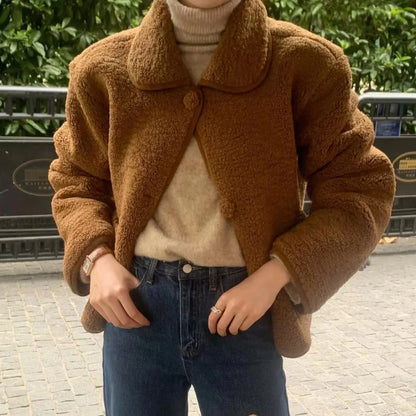 Women's Winter Sweet Plush Coat Lamb Fur Jacket Peter Pan Collar Single Breasted Short Outerwears