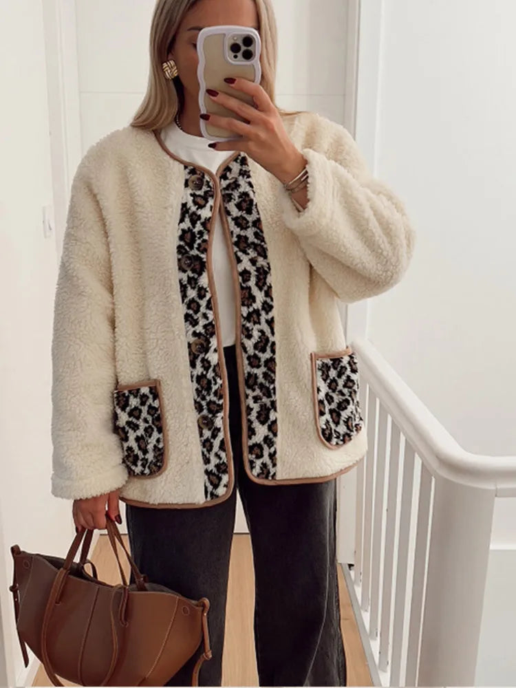 Casual Leopard Print Patchwork Lamb Wool Coat For Women Fashion Buttons Down O-neck Pockets Jacket Winter Warm Lady Chic Outwear