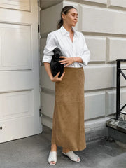Autumn Retro Fashion Velvet Long Skirt Khaki Slim Straight Winter Women Skirt Zipper Solid Color Elegant Streetwear Skirt