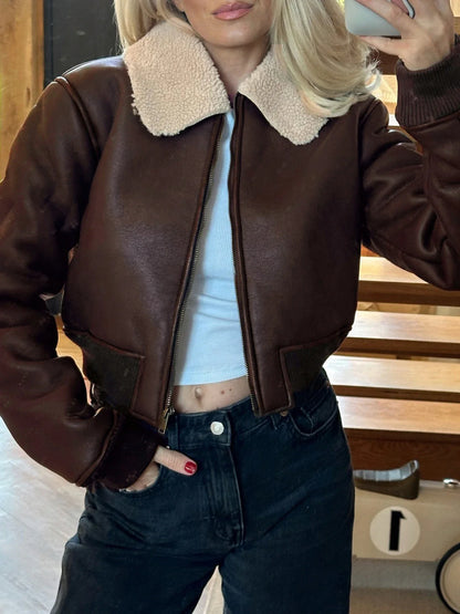 Casual Solid Patchwork Pu Leather Jackets Basic Turn-Down Collar Long Sleeve Coats Women Autumn Winter Fashion Lady