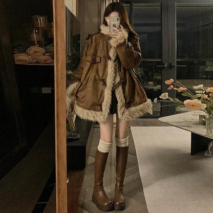 Maillard Vintage Suede Stand Up Collar Cotton Coat, Winter Trendy Brand Warm and Thick Jacket