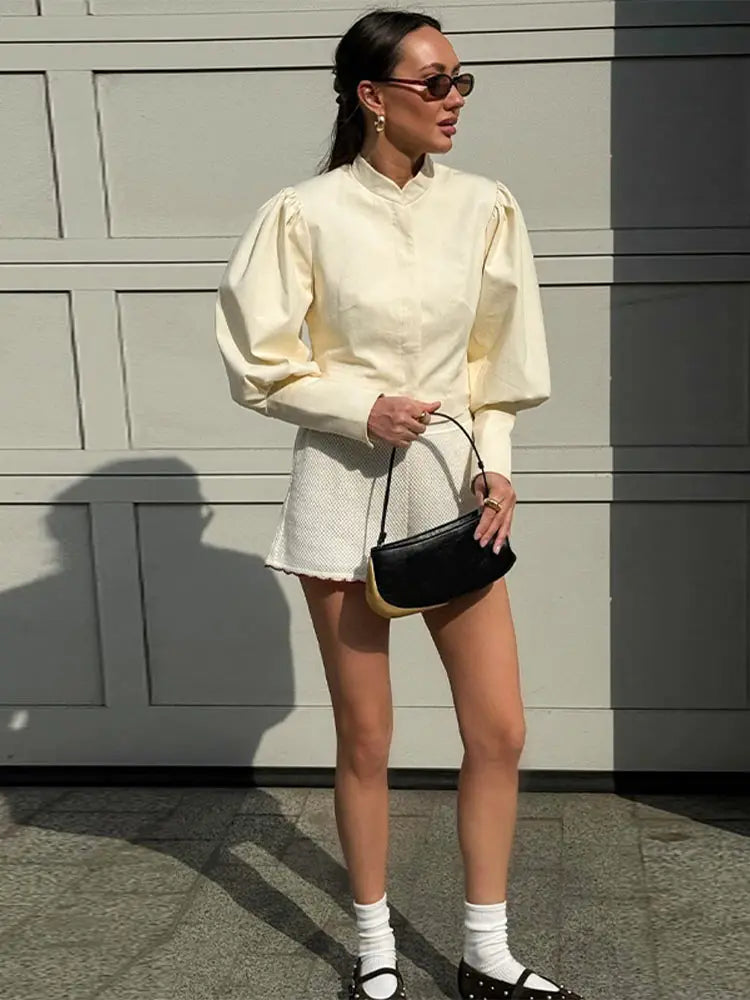 Retro Solid Stand Collar Short Shirt Women Elegant Single Breasted Puffy Sleeve Shirts Coat Lady Versatile Chic Streetwear