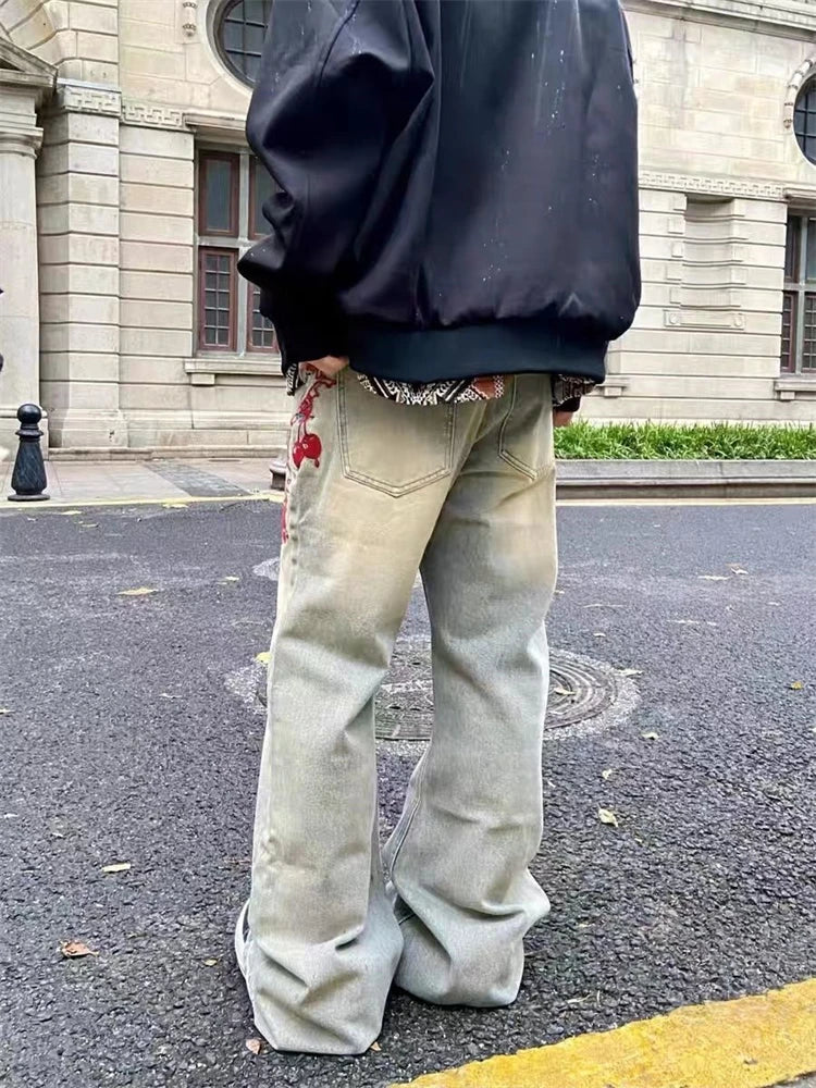 Women's Red Meteor Hammer Wide Leg Unisex Jeans Cool Girl Fashion Bottoms Loose Denim Trousers Female High Waist Pants