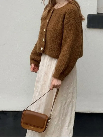 Women Brown Single Breasted Knitwear Fashion Women's O Neck Long Sleeves Loose Casual Sweater Casual New Lady Office Cardigan