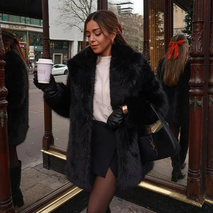 Lapels Faux Fur Coat Women Winter Brand Designer Fluffy Fox Fur Jacket Luxury Furry Overcoats Girl Stylish Long Outerwear