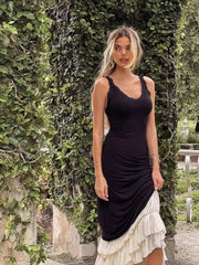 Lace V Neck Sweet Sexy Long Dress Patchwork Ruffle Eleagnt A-line Summer Women Dress 2024 New Chic Fashion Backless Slip Dress