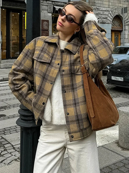 New Plaid Contrast Jacket Women Autumn Winter Single Breasted Long Sleeve Outerwear Female Streetwear Vintage Fashion Coat