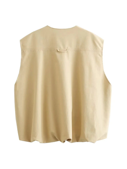 Padded Beige Waistcoat Folds Winter Sleeveless Vest Coat Turtleneck Pockets Zipper Autumn Thick Warm Parka Jacket