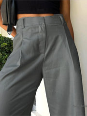 Spring Summer Casual Hidden Button Wide Leg Pant For Women Fashion Solid Color Office Lady Commuter Simple Straight Long Trouser