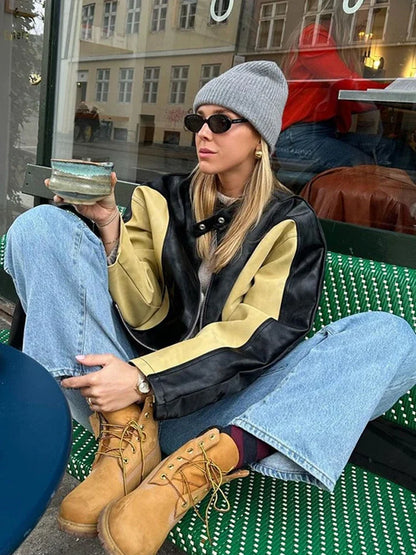 Vintage Patchwork Women's Leather Jacket Loose O-neck Long Sleeve Zipper Moto Biker Coats Autumn Lady Contrast Outwear Y2K