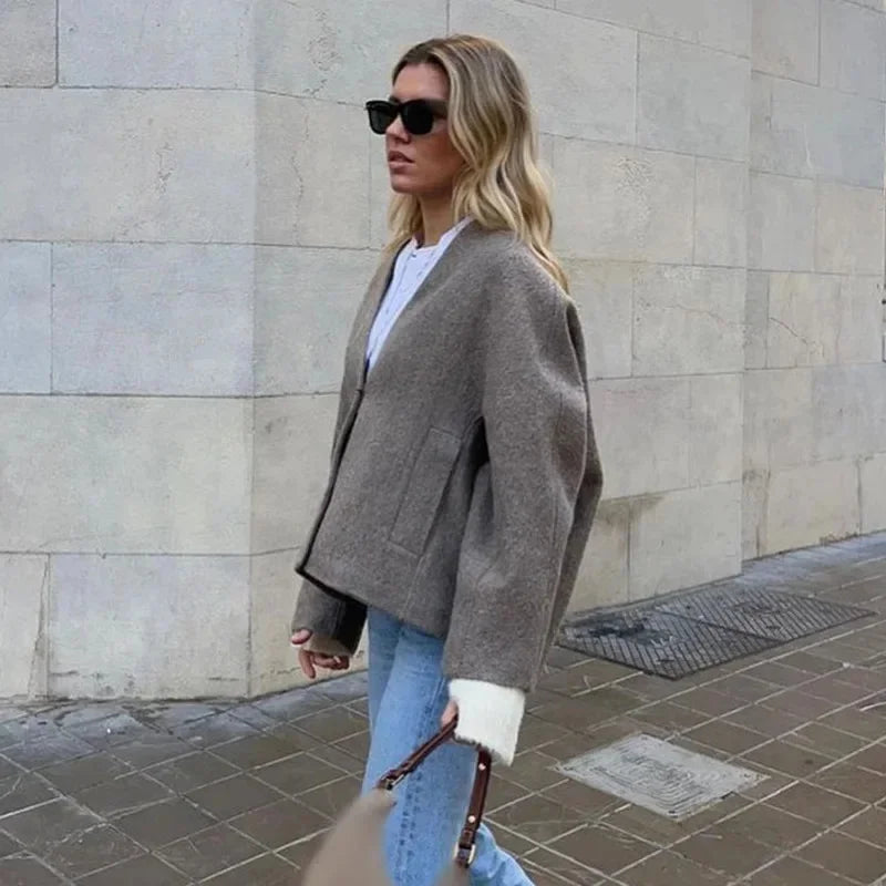 Vintage Solid Single Breasted Short Coats Women Casual Long Sleeves V Neck Crop Jackets Autumn Chic Lady Commuter Outerwear