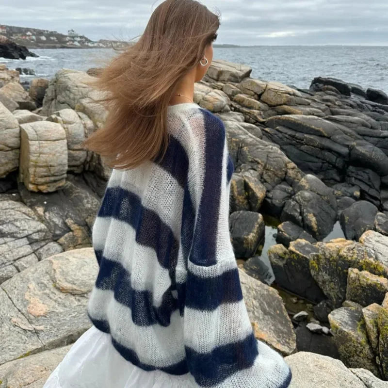 Striped Knit Sweater Cardigan With Scarf Women Casual V Neck Lantern Sleeve Coat Autumn Chic Contrast Lady Fashion Knitwear