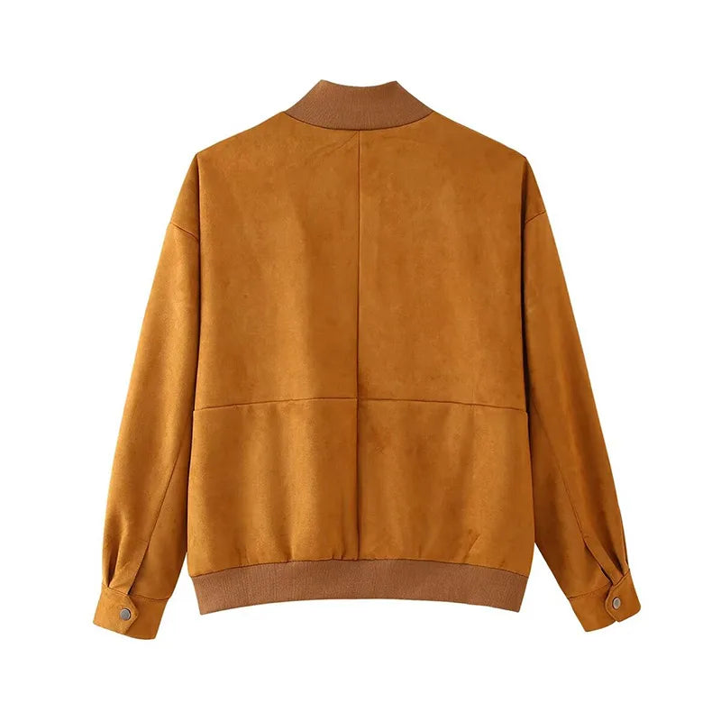 Women Patchwork Suede Jackets Long Sleeve Pocket Zipped Stand Coats 2024 Autumn Winter New Fashion Commuting Top Outerwears