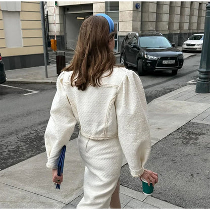 Elegant Tweed Lapel Jacket Shorts Set Women Retro Loose Short Coat Slit Slim Long Skirts Sets Lady New Chic Street Office Outfit