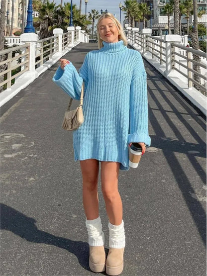 2025 Autumn Winter Blue Sweater Dress Fashion High Collar Knit Short Dress Loose Straight Solid Flare Sleeve Casual Women Dress