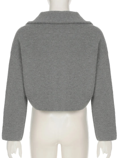 Casual Solid Zipper Knitted Cardigans Slim Turn-Down Collar Long Sleeve Sweater Coats Women Autumn Winter Fashion