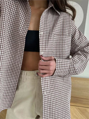 Classic Plaid Pocket Blouse Woman New Single Breasted Long Sleeve Shirt Outerwear Spring Autumn Vintage Casual Blouses Lady