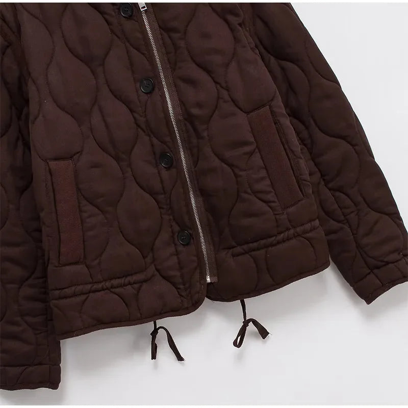 Casual Quilted Padded Jackets Women's Faionable Loose Round Neck Long Sleeve Zipper Cropped Length Outerwear Winter New