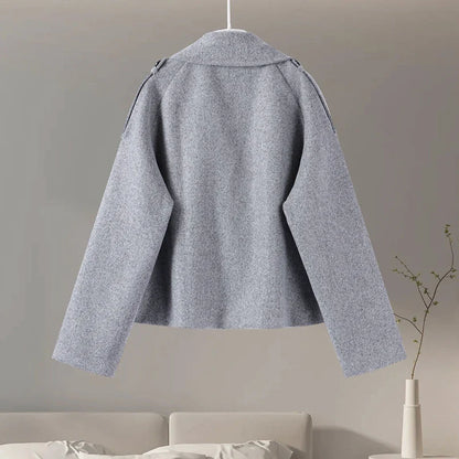 Elegant Single Breasted Woolen Women Coat Loose Lapel Long Sleeve Female Short Jacket Autumn Winter New Grey Lady Outwear