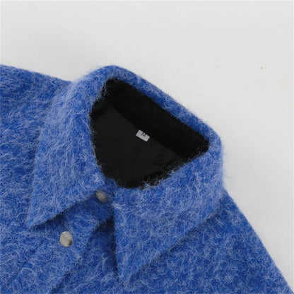 Autumn Winter Blue Short Woolen Jacket for Women Lapel Long Sleeve Button Up Warm Coat Female Casual Streetwear Tops