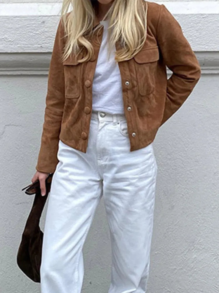 Suede Short Women's Jacket Vintage Solid Color Lapel Jackets with Pocket Single Breasted Casual Women Coat Autumn Classic Coats