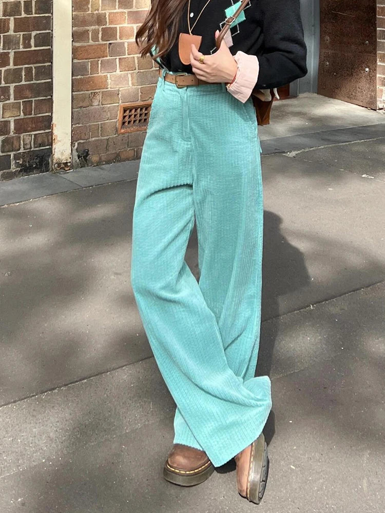Women Striped Corduroy Wide Pants Plain High Rise Straight Loose Casual Draped Long Trousers Korean Vintage Autumn Clothes