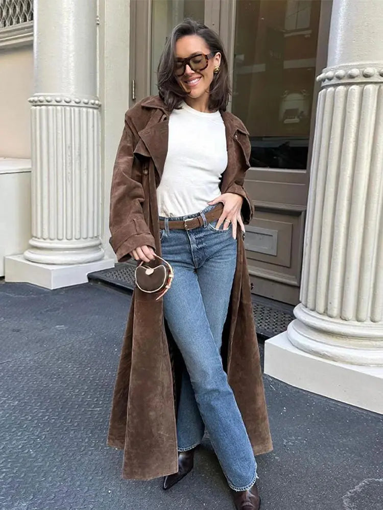 Fashion Solid With Belt Suede Long Jacket 2024 Women Chic Button Lapel Oversize Loose Overcoat Autumn Female High Street Coat