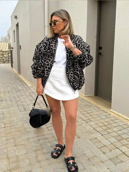 Woman Leopard Print Zipper Long Sleeves Coat Fashion Chic Loose O Neck Short Jackets Autumn Winter Warm High Street Outerwear