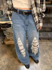 Jeans With Contrasting Plaid Holes And Splicing High-Waisted Women'S Summer American High Street Loose Slimming Wide-Leg Pants