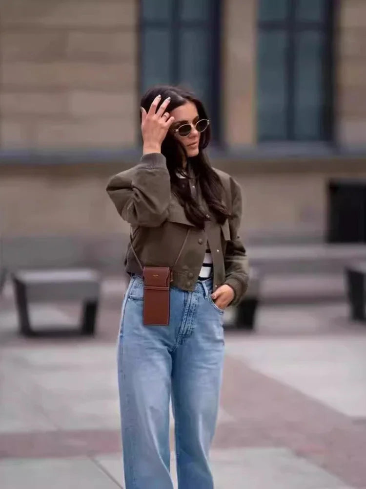 Basic Stand Collar Women Jacket Long Sleeve Cardigan Button Up Cropped Coat Baseball Outerwear Autumn Winter Clothes