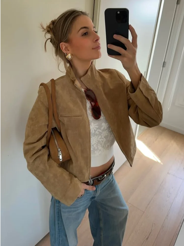 Stand Collar Suede Leather Jacket Coat Zipper Retro Long Sleeved Casual Biker Jackets Loose Fashion Front Shoulder Short Outwear