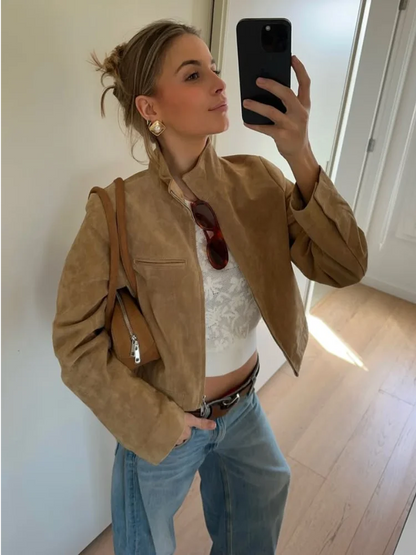 Stand Collar Suede Leather Jacket Coat Zipper Retro Long Sleeved Casual Biker Jackets Loose Fashion Front Shoulder Short Outwear