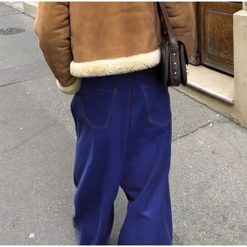 Wide Leg Fashion Pleated Pants For Women Loose High Waist Straight Striped Blue Street Pants Female 2025 Spring Street Trousers