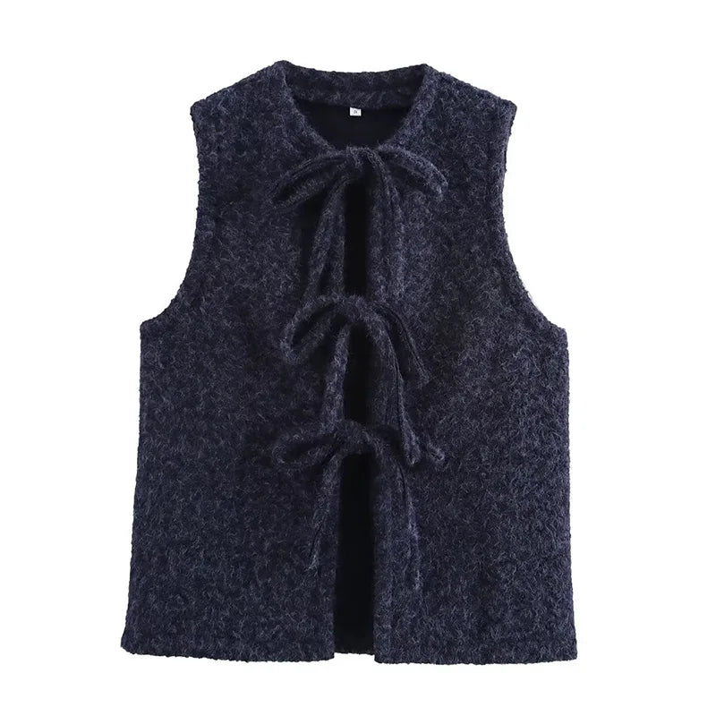 Bow Tied Vests Women Round Neck Short Casual Sleeveless Vest Jacket Woman Waistcoat Streetwear New Women Outerwear 2025 Spring