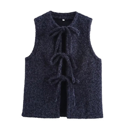 Bow Tied Vests Women Round Neck Short Casual Sleeveless Vest Jacket Woman Waistcoat Streetwear New Women Outerwear 2025 Spring