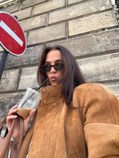 Casual Long Sleeve Stand Collar Female Coats Vintage Suede Zipper Jacket for Women Autumn New Lady Pockets Outerwear Street