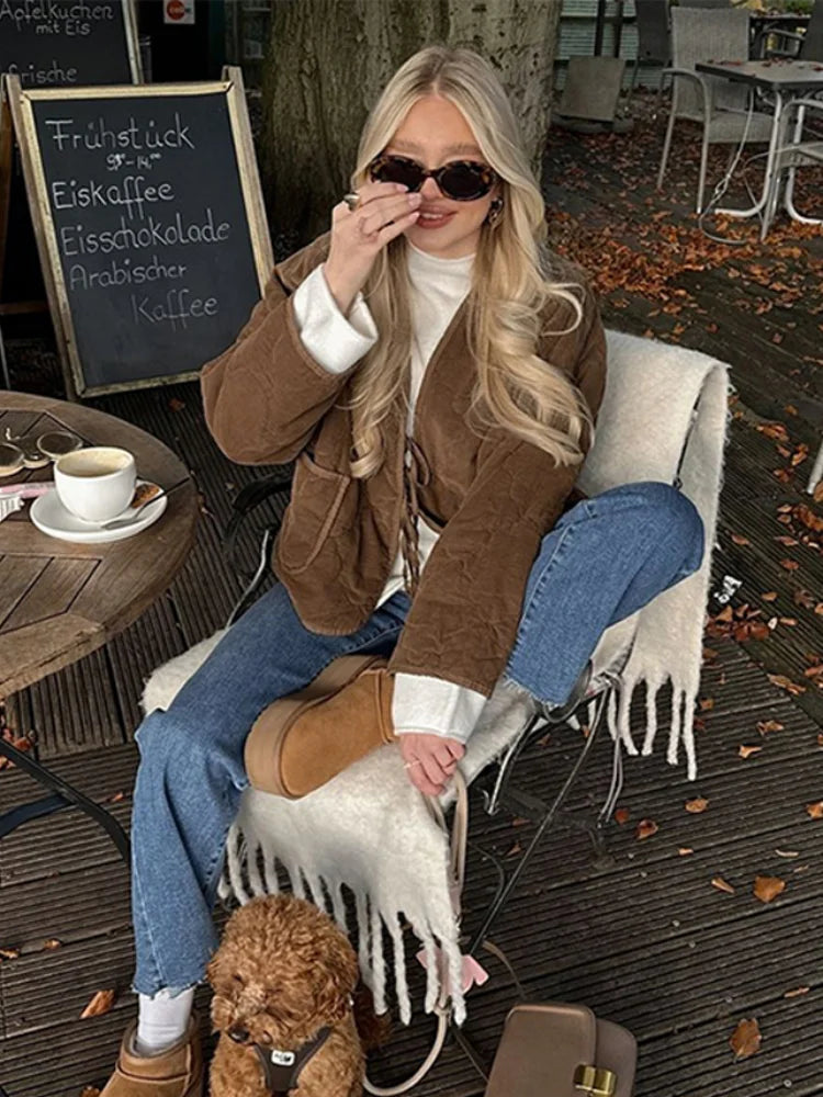 Brown Quilted Padded Suede Coat Women Long Sleeve Lace Up Cropped Jacket Autumn Winter Casual Lightweight New In Outerwears