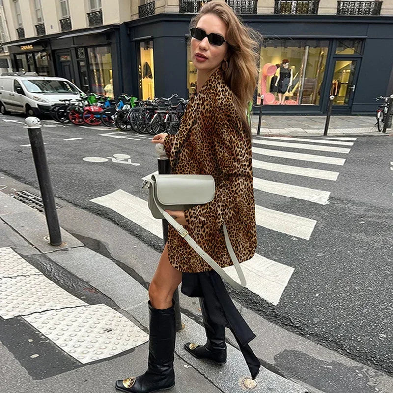 Vintage Leopard Print Woman Blazer Jacket Fashion Lapel Single Breasted Pockets Long Sleeve Coat Lady Fall Office Outerwear