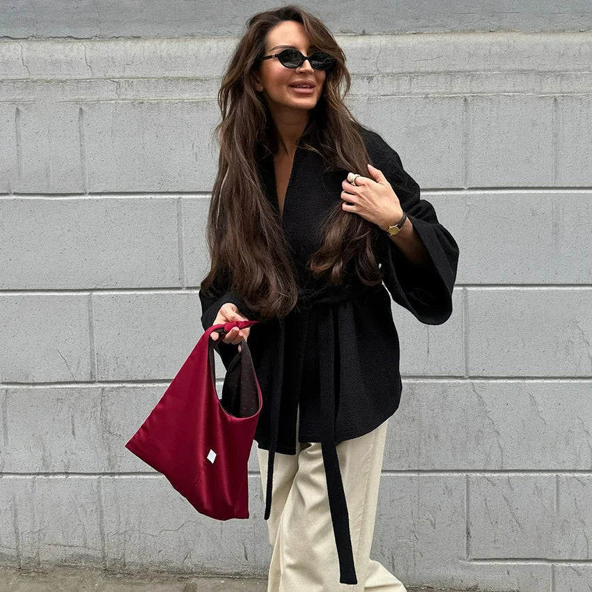 New Women's Black Lace Up Overcoats Autumn Chic Office Jackets Slim Fit Pleated Coat Elegant V-neck Commute For Lady Coats